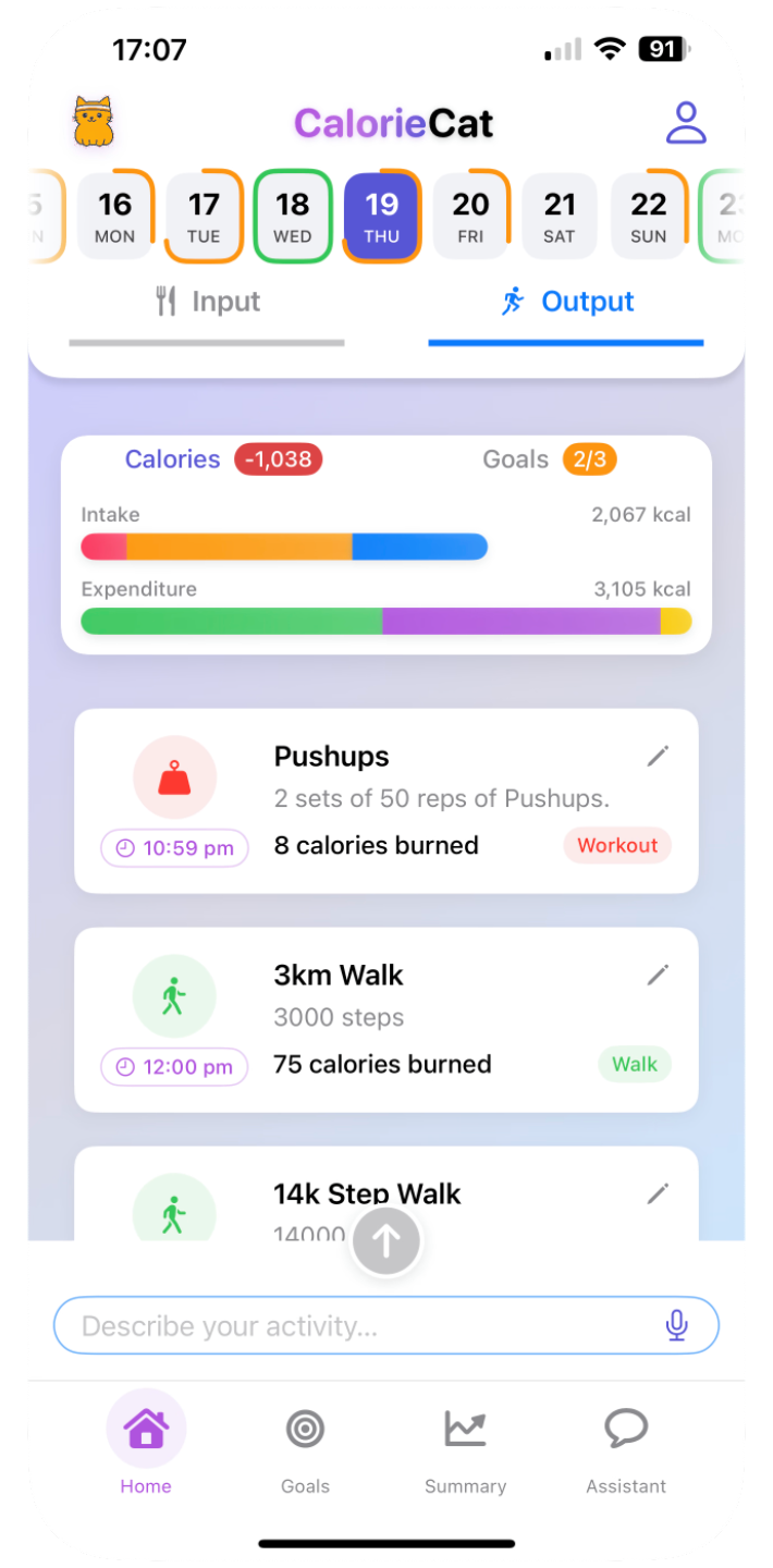 CalorieCat Output Tracking - Monitor activities and exercise